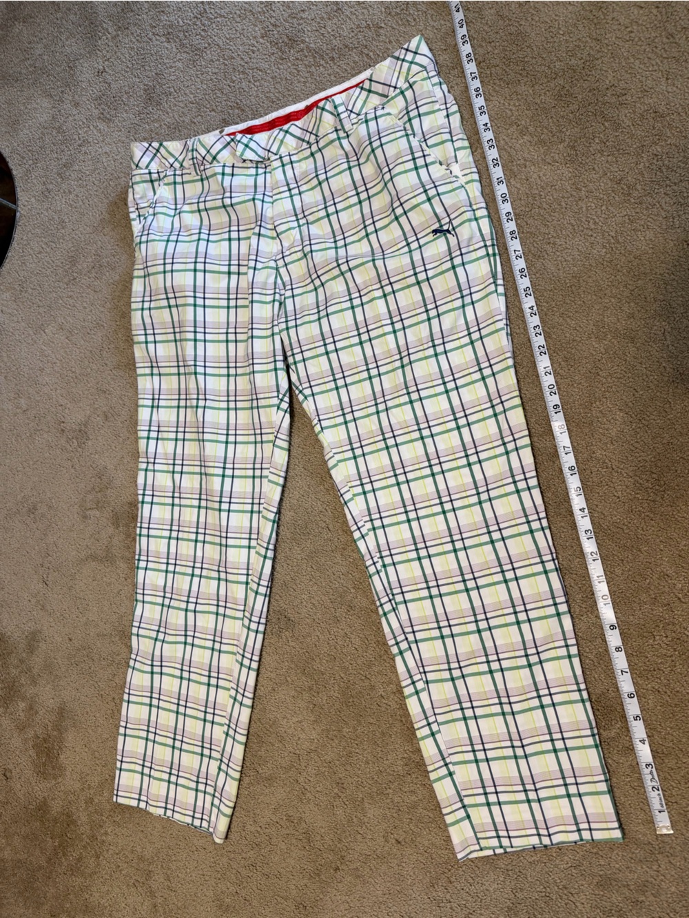 Puma White Plaid Chino Pants with Green & Blue Lines